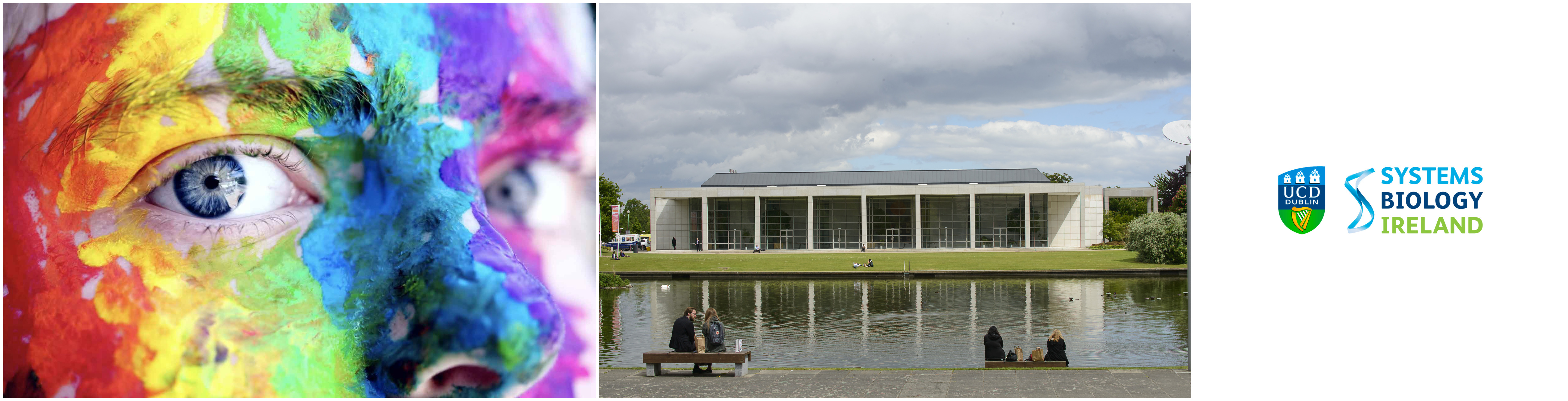 rainbow facepaint, building by a lake, SBI logo